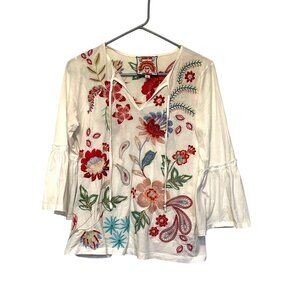 Johnny Was Freyde White Floral Embroidered Cotton V-Neck Blouse XS Ruffle Bell S